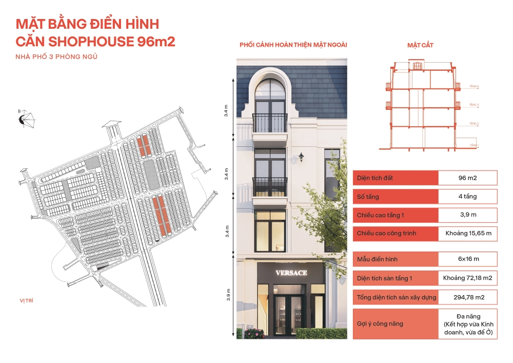 Giải mã mặt bằng căn điển hình tại Vlasta Thủy Nguyên: căn shophouse 96m²